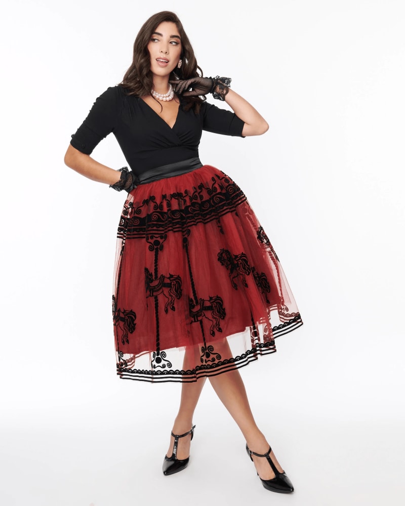 Front of a model wearing a size 4X Unique Vintage Burgundy Carousel Brilliance Swing Skirt in Burgundy & Black Carousel by Unique Vintage. | dia_product_style_image_id:319978
